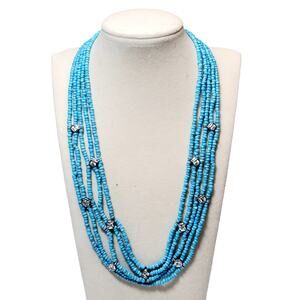 Multi Strand Blue Seed Bead Clear Rhinestone Necklace 16" Retro Silver Tone